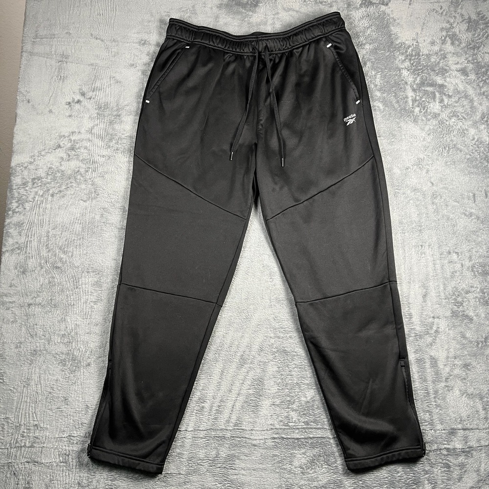 Reebok Track Pants Mens XL Black Fleece Drawstring Ankle Zip Running Training